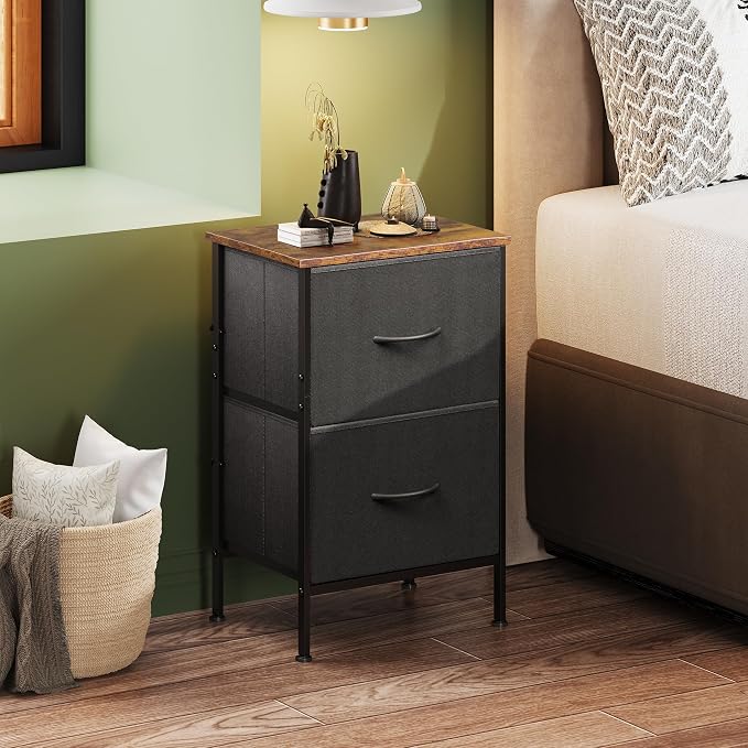 WLIVE Nightstand, Nightstand with 2 Drawers, Bedside Furniture, Night Stand, Small Dresser for Bedroom, College Dorm, End Table with Fabric Bins, Dormitory, Black and Rustic Brown - Image 2