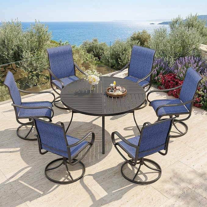PHI VILLA 7 Piece Outdoor Patio Dining Set with 6 Swivel Dining Chairs & 1 Large Round Dining Table, Blue Textilene Mesh Fabric Chair and 54" Metal Table for All Weather by PHIVILLA