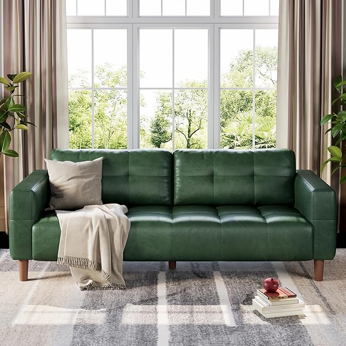 GarveeHome 3-Seater Sofa Couch, 83 in Wide Faux Leather Sofa Couch with Spring Cushion, Modern Sofa with Deep Seats and 2 Removable Back Cushions, for Living Room, Bedroom, Apartment, Office, Green