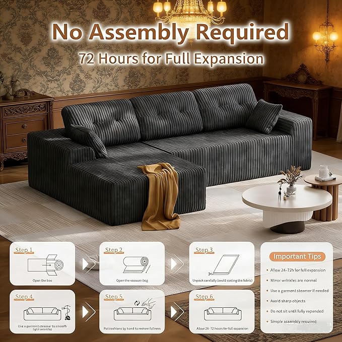Ball & Cast 106''L-Shaped Sectional Sofa 3 Seater Convertible Couch for Living Room,Boneless Comfy Corduroy Couch w/Soft Backrest,Modular Sectional Couches for Home, Office,Left Facing Chaise(Grey)