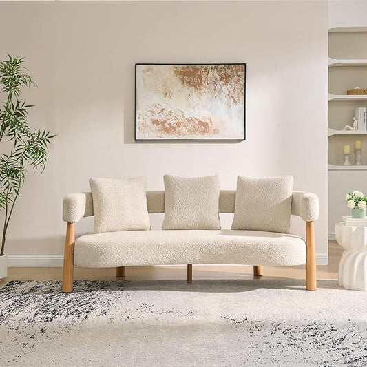 Christopher Knight Home Yulez Curved 3-Seater Sofa Couch with 3 Accent Pillows, Boucle Fabric Upholstered Lounge Seating, 76.5'' Home Office Bedroom Sofa Chair, Comfy Wooden Frame Sofa, Sesame Beige
