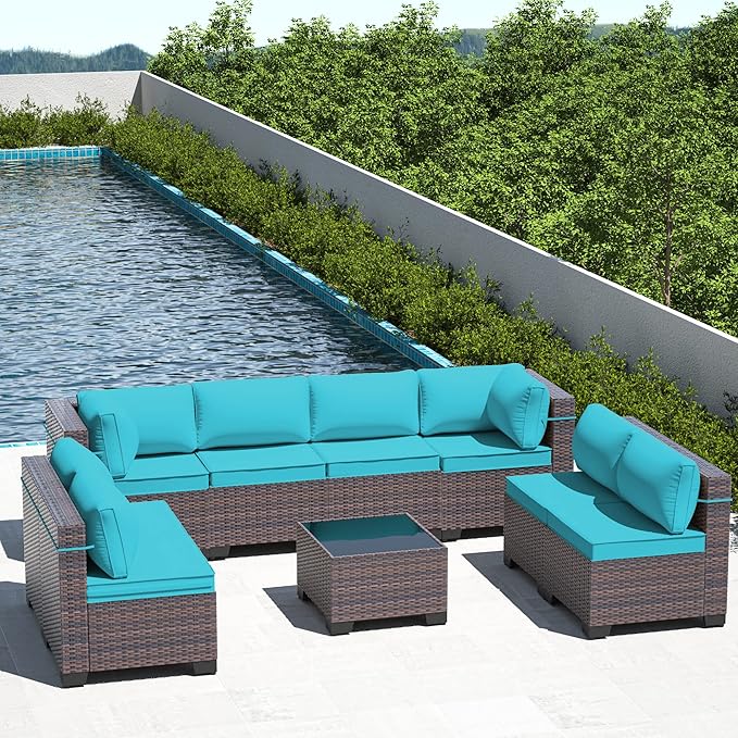 9 Pieces Outdoor Patio Furniture Set,Outdoor Sectional Furniture All Weather PE Rattan Wicker Patio Conversation Set with Coffee Table and 8 Thickened Cushions,Turquoise Blue