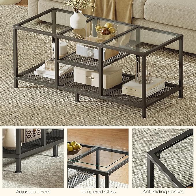 Glass Coffee Table, Coffee Tables for Living Room, Small Center Table, Modern Coffee Table with Open Storge&Metal Frame, Rectangular Coffee Tables for Small Space, Home Office, Black