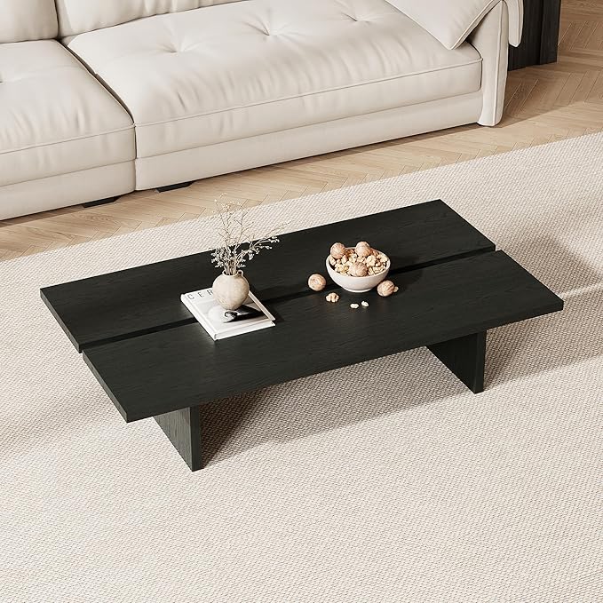 47.2" Modern Coffee Table for Living Room, Black Coffee Table Wood Living Room Table Rectangular Center Table Tea Table for Home Office