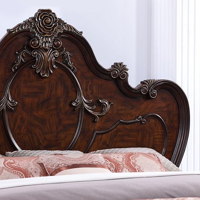 Furniture of America Eugene Traditional Solid Wood 3-Piece Bedroom Collection with Bed Frame and 3-Drawer Nightstands Set of 2, Box Spring Required, Dark Cherry, Queen