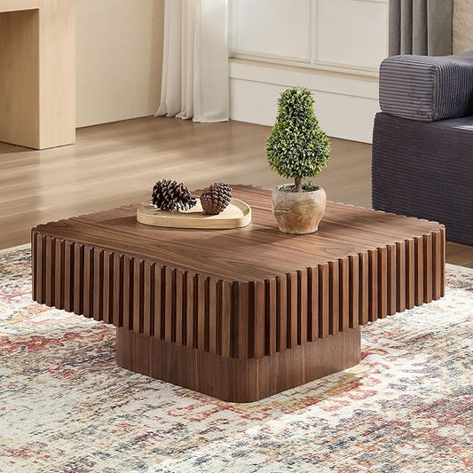 WILLIAMSPACE 31.5" Square Coffee Table with Sturdy Base, Modern Luxury Wood Drum Center Table Accent End Side Table for Living Room, Minimalist Fluted Design, Walnut