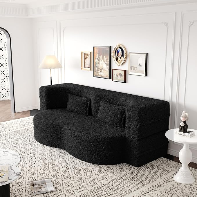 Ball & Cast 78" Floor Sofa Bed with 2 Pillows,Convertible Teddy Fabric Foam-Filled Sleeper Sofa Bed,Pull Out Couch Full Size Folding Mattress for Living Room,Playroom,No Assembly Required,Black