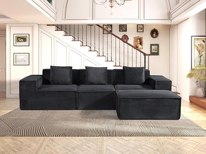 Rowan Convertible Corduroy Sectional Couch with Ottoman & Pillows, Modular L Shaped Sleeper Sofa, Boneless Cloud Couch for Living Room Furniture, Black