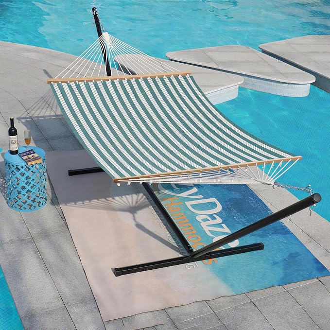 Lazy Daze Hammocks Quick Dry Hammock with Spreader Bar Textliene Fabric Double 2 Person Hammock with Chains Outdoor Patio Poolside Backyard Beach 450 lbs Capacity, Green Stripes - Image 6
