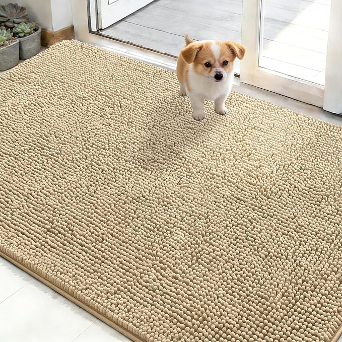 OLANLY Dog Door Mat for Muddy Paws 48x30, Absorbs Moisture and Dirt, Absorbent Non-Slip Washable Doormat, Quick Dry Chenille Mud Mat for Dogs, Entry Indoor Entryway Carpet for Inside Floor, Beige by OLANLY