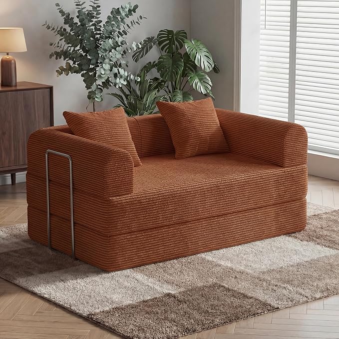 HouseMila 59" Boneless Couch,4-in-1 Futon Sofa Bed Modular Loveseat Sleeper Folding Compressed Couch with Pillows,No Assembly Required Convertible Sofa Bed for Living Room Bedroom Guest Room,Orange