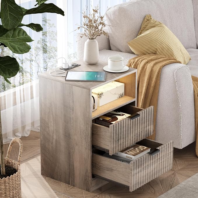 Wodeer LED Nightstand with Charging Station, Fluted Nightstand Set of 2, Wood Nightstands with 2 Drawers & Metal Handles, Modern Bedside Table & End Tables, Farmhouse Night Stands for Bedroom, Grey - Image 4