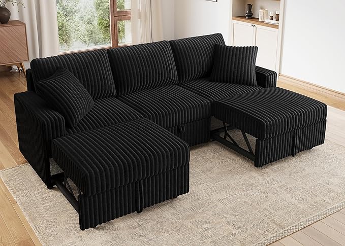 HONBAY 94.5 Inch Sectional Sofa, Modular L & U Shaped Pull Out Couch with Adjustable Backrest & Storage, Velvet Black
