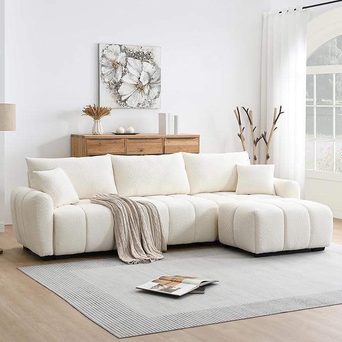 ERYE 110" L-Shaped Sectional Sofa 4 Seat Tufted Sofa Couches with Ottoman, Oversized Tufted Boucle Upholstered Corner Sectional Couch for Living Room Home Apartment
