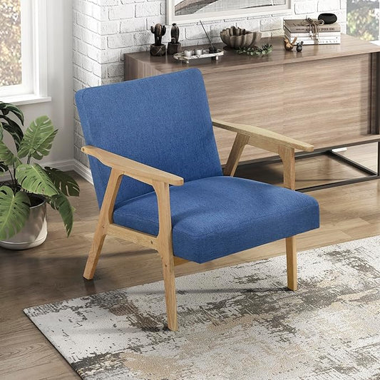 Lexicon Mid Century Modern Accent Chair, Upholstered Lounge Armchair, Single Sofa Seat, Natural Finish Solid Wood Framed Comfy Side Chairs for Living Room/Bedroom/Office/Waiting Area, Blue