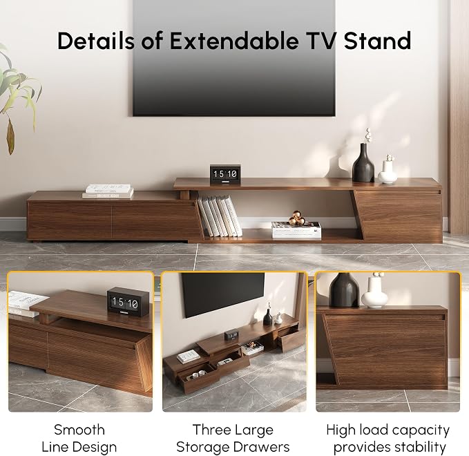 homary Mid Century Walnut TV Stand & Coffee Table Set, Extendable TV Console for 120" TV with Storage Drawers, Modern Engineered Wood Living Room Furniture - Image 5