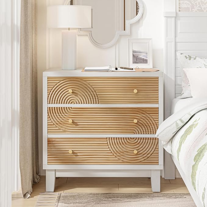 COZAYH 3-Drawer White Dresser X2 with Handicraft Wood Ring Motif, Fully Assembled Nightstand Wooden Finish for Boho, Mid-Century, Natural Wood, Rustic Style - Image 6