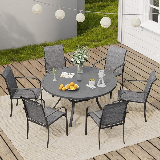 VICLLAX Round Outdoor Dining Set, Patio Table and Chairs Set Set of 6 Patio Stackable Chairs and 47" Outdoor Round Table with Umbrella Hole for Lawn Garden, Dark Grey Chairs and Dark Grey Table by HOME