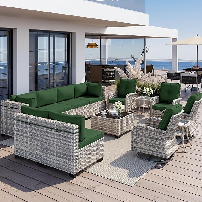 13-Piece Outdoor Patio Furniture Set with Rocking Swivel Chair, Wicker Rattan Sectional Sofa Conversation Set with Tempered Glass Table, Backyard Furniture, Green