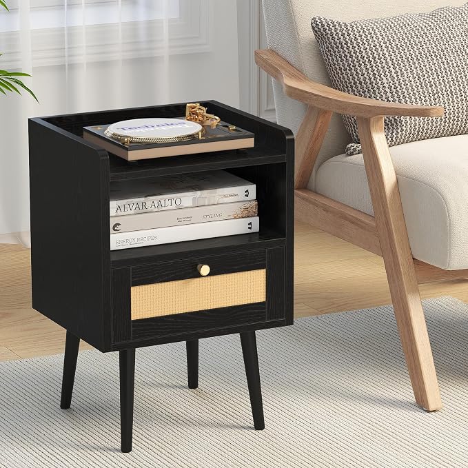 MECHYIN Night Stand Set 2, Nightstands Set of 2 with Charging Station, Rattan Side Tables with Solid Wood Legs, Boho Bedside End Table for Apartment Bedroom Dorm Small Space - Image 7