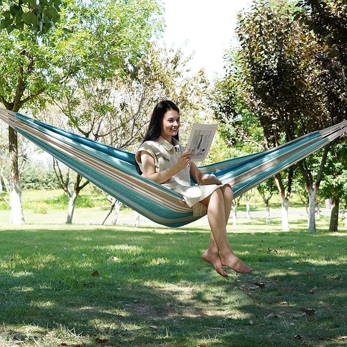 INNO STAGE 2 Persons Hammock with Tree Straps - Brazilian Double Hammocks, Portable Hanging Camping Bed for Patio, Backyard, Porch, Outdoor and Indoor Use Soft Cotton Carrying Bag, Blue, XX-Large - Image 3