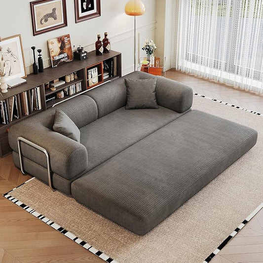 Ball & Cast 78.8" Compressed Modular Sofa Bed, No-Assembly Convertible Floor Futon Couch with Pillow Backrest & Armrest Support, Boneless Corduroy Sleeper Sofa for Living Room & Bedroom, Grey