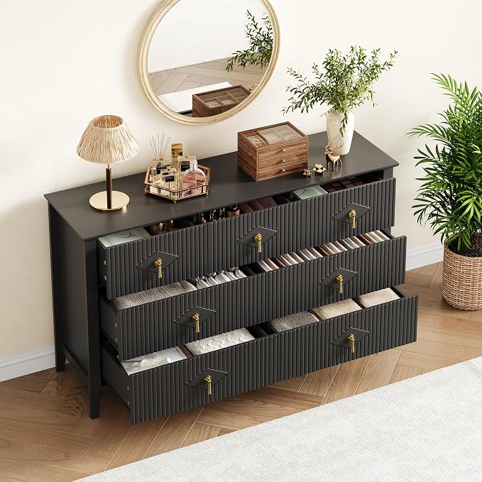 GarveeHome Fluted Dresser for Bedroom, 54 Inch Wide 7-Drawer Wood Dresser, Modern Chest of Drawers, Storage Organizer Cabinet for Living Room, Hallway, Entryway, Black - Image 6