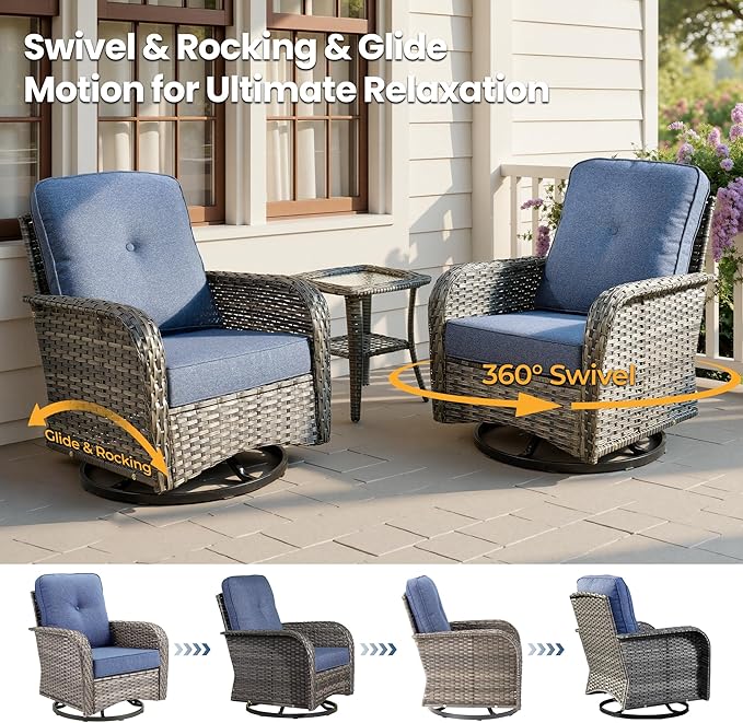 Weaxty 8 Pieces Outdoor Patio Furniture Sets with Swivel Rocking Patio Chairs and Loveseat Sofa,Coffee Table,All Weather Wicker Conversation Set for Deck Backyard Porch Poolside, Denim Blue