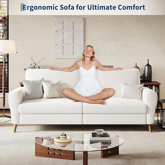 GarveeHome 84 in Sofa Couch, Large Loveseat Sofa with Wide Armrests, Deep Seats & Wood Feet, 3 Seater Modern Boucle Sofa, Comfy Couches for Living Room Bathroom Small Spaces, White
