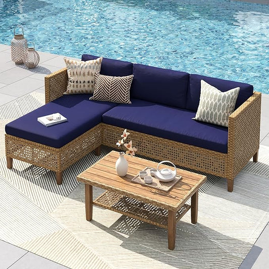 PHI VILLA Sectional Outdoor Couch, Small Patio Furniture Set with Cushions and Acacia Wood Coffee Table, L-Shaped Wicker Outdoor Sofa for Deck or Porch, 4 Seats, Navy Blue