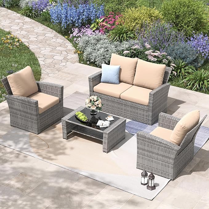 Amopatio 4 Piece Outdoor Wicker Patio Furniture Set, PE Rattan Sectional Sofa with Thick Cushions & Tempered Glass Table, Weather-Resistant Patio Conversation Sets for Balcony, Backyard, Beige