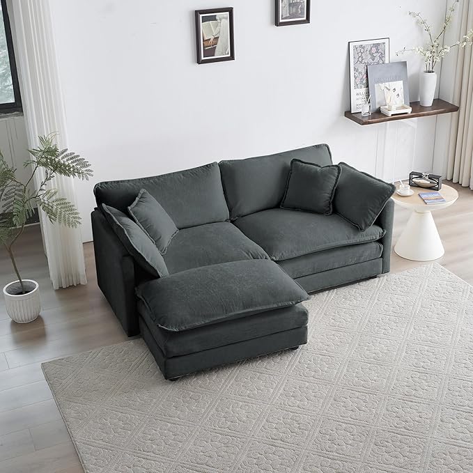 KEIKI Loveseat Sofa, Upholstered 2 Seater Couch with 1 Footrest, Oversized L-Shaped Sectional Sofa with Ottoman for Living Room Bedroom Office, Gray