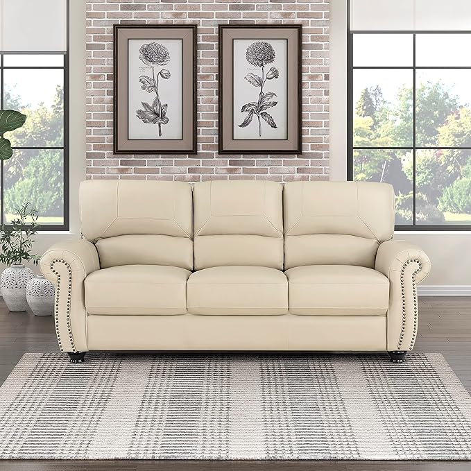 Lexicon Leather Match Couch for Living Room with Wood Frame, Rolled Armrest & Nailhead Trim, Top Grain Leather Match Sofa for Bedroom, Office, Waiting Room, 3-Seater Sofa, Cream