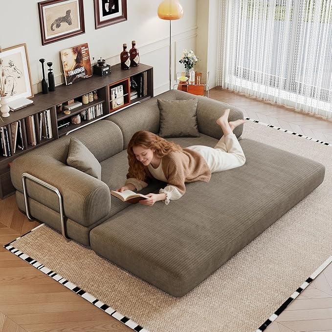 79" Convertible Sofa Bed, Corduroy Folding Pull Out Couch with Pillows, No Assembly Modern Boneless Couch Compression Sofa in Box, Floor Sofa with Support Rods for Living Room,Camel