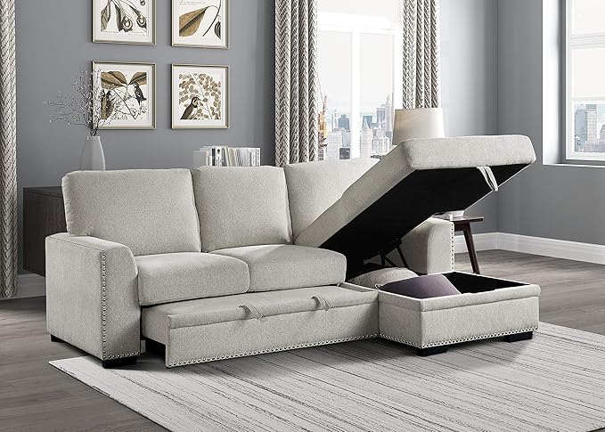 Lexicon Mid Century Modern Sectional Sleeper Sofa Bed Couch with Storage Chaise, Sectional Sofa Pull Out Couch Bed, Sectional Couch Lounge Sofa for Living Room Apartment, Right Side Chaise, Beige