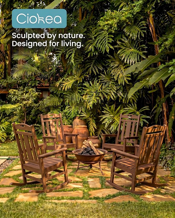 Ciokea Oversized Outdoor Rocking Chair, 380lbs Heavy-Duty Large Patio Rocker, Weather Resistant & Anti-Fade Porch Chair, High Back Cozy Rocking Chair for Outside, Fire Pit, Deck, Garden, Brown - Image 4