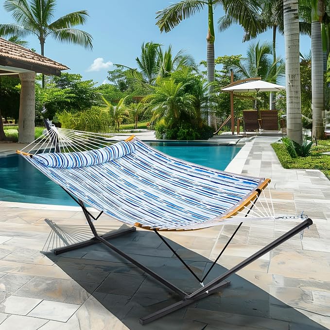 SUPERJARE Hammock with Stand, 2 Person Heavy Duty Hammock Frame, Detachable Pillow & Strong Curved-Bar & Portable Carrying Bag, Perfect for Outdoor & Indoor - Graffiti Blue - Image 2