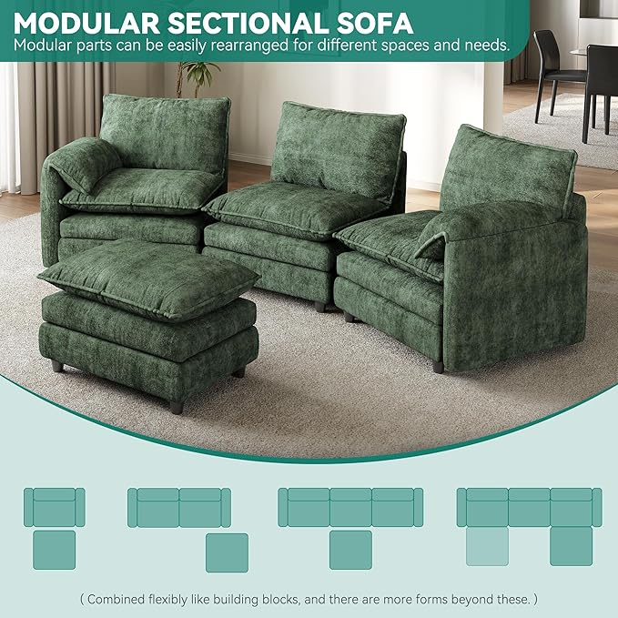 DWVO 108" Modular Sectional Sofa, Modern L Shaped Couch with Movable Ottoman, Pillow-Armrest, Velvet 4 Deep Seat Cloud Couch for Living Room, Green