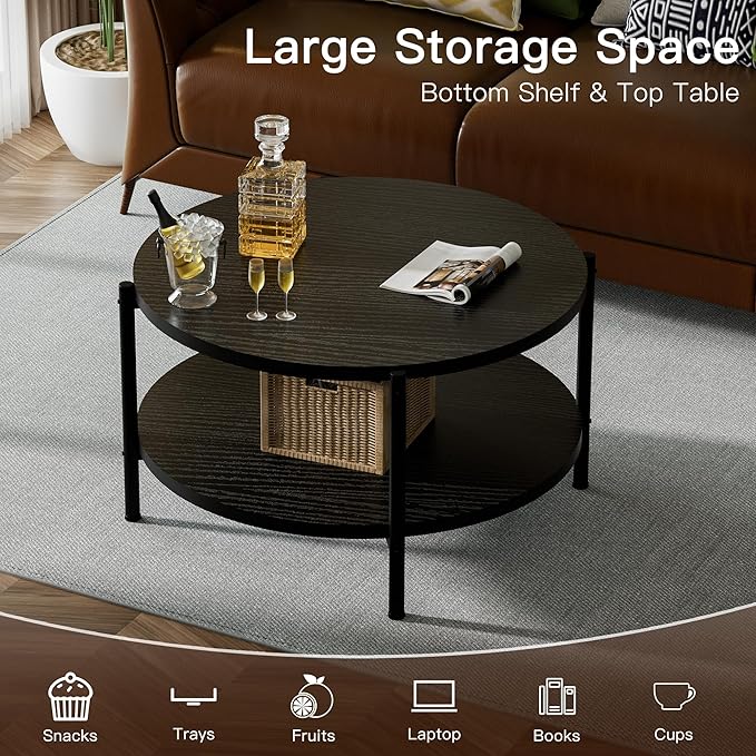 Coffee Table, 2 Tiers Round Coffee Table, Black Modern Coffee Table for Living Room, Small Space Friendly (Sturdy Metal Frame, Easy Assembly) 27.5x17.7in