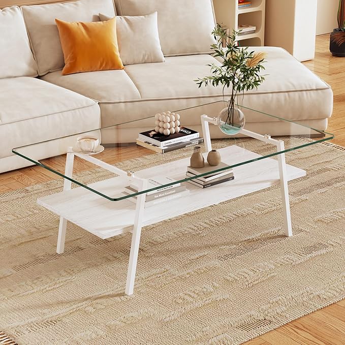 IANIYA Glass Coffee Table for Living Room Small Gold Mid Century Coffee Table for Living Room with Wood Shelves (White Frame, Transparent Glass + White Wood)