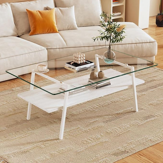 IANIYA Glass Coffee Table for Living Room Small Gold Mid Century Coffee Table for Living Room with Wood Shelves (White Frame, Transparent Glass + White Wood)