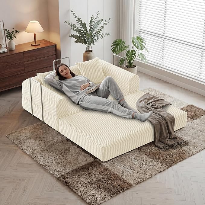 HouseMila 59" Boneless Couch,4-in-1 Futon Sofa Bed Modular Loveseat Sleeper Folding Compressed Couch with Pillows,No Assembly Required Convertible Sofa Bed for Living Room Bedroom Guest Room,Beige