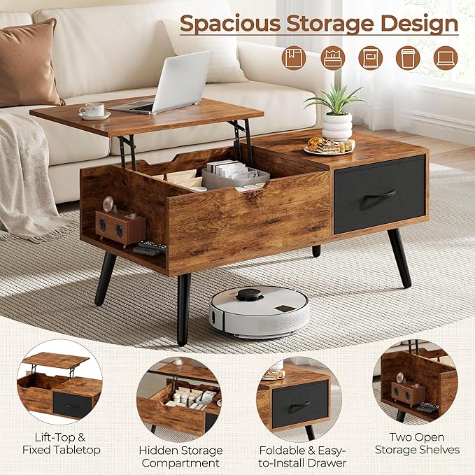 Yaheetech Coffee Table with Storage,39.5'' Lift Top Coffee Table,Hidden Storage Compartment,Foldable Drawer,Lift Tabletop Dining Center Table for Home Living Room Office,Rustic Brown