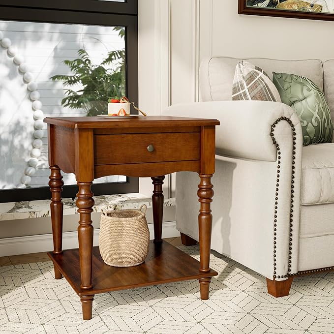 MODERION End Table with Drawer and Storage Shelf, Solid Wood Sofa Side Table, Square Beside Table, Telephone Table for Living Room,18.9"L x 18.9"W x 24"H, No-Tools Assembly, Caramel Brown BZ-C008-DR