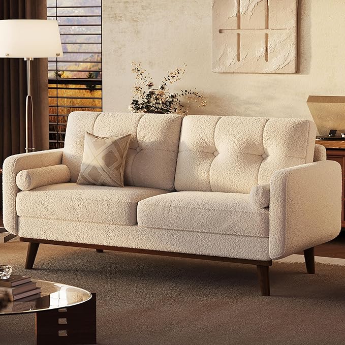 65" Mid Century Modern Couch Sofa Loveseat, Comfy Love Seat Couches for Living Room, 2 Seater Teddy Fleece Boucle Upholstered Deep Seat Couch for Bedroom Office Small Space, Beige Cream