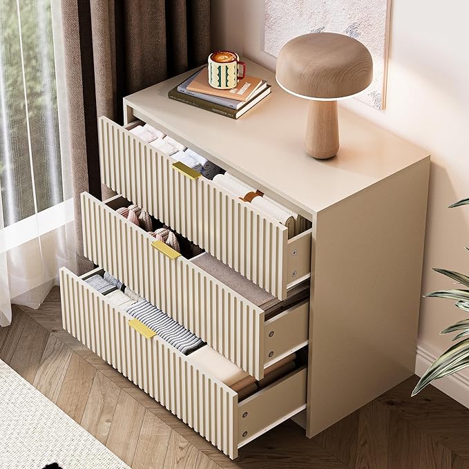 MAISONARIA 3-Piece Dresser Bedroom Set, 9 Drawer Dresser & 3 Drawer Nightstands with Gold Handles, Fluted Wood Chest of Drawers for Bedroom, Living Room, Entryway, Beige