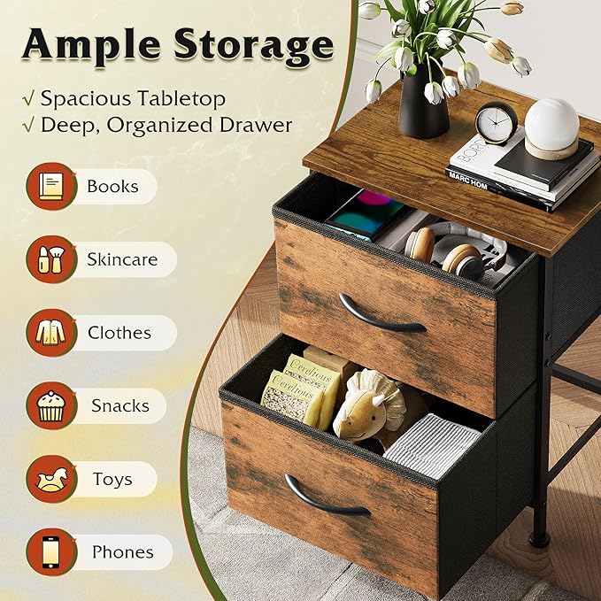 WLIVE Night Stand Set of 2, Small Dresser with 2 Drawers & Wooden Top, Nightstand with Fabric Bins, Bedside Table End Table for Bedroom, Closet, Entryway, College Dorm, Rustic Brown - Image 4
