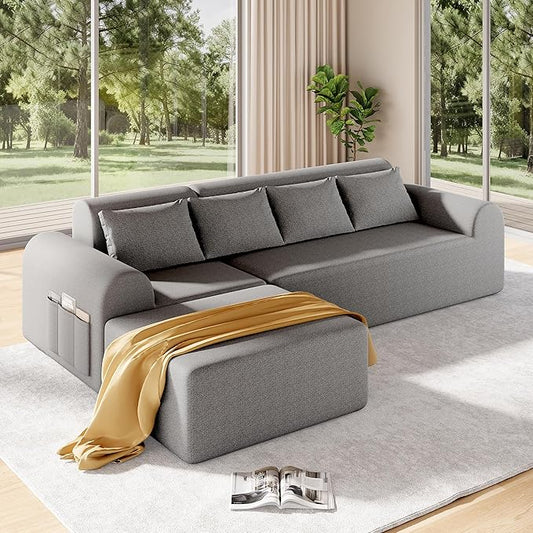 105.5" Cloud Boneless Sectional Sofa with Ottoman & 4 Pillows, L-Shaped 4-Seater Modular Couch for Living Room, Ultra Deep Seat Chenille Fabric Sofa, No Assembly Required, Light Grey