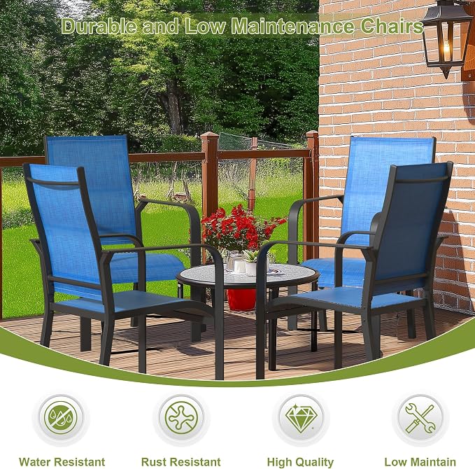 BUPPLEE Patio Chairs Set of 4, Stackable Outdoor Dining Chairs, All Weather Breathable Textile, Heavy Duty Metal Frame Porch Chairs for Backyard, Lawn (Blue, Set of 4) - Image 3