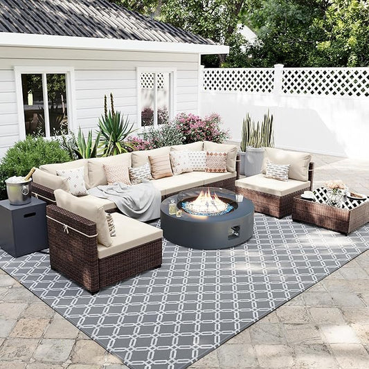 UPHA 9 Pieces Patio Furniture Sets, Wicker Outdoor Sectional Sofa Couch with Round Propane Pit for Deck Backyard Garden, Brown Rattan, White Cushion